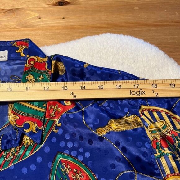 VTG Pierre Balmain Paris Royal Blue Printed Silk ButtonDown Long Sleeve Top Sz 3 - Picture 7 of 9